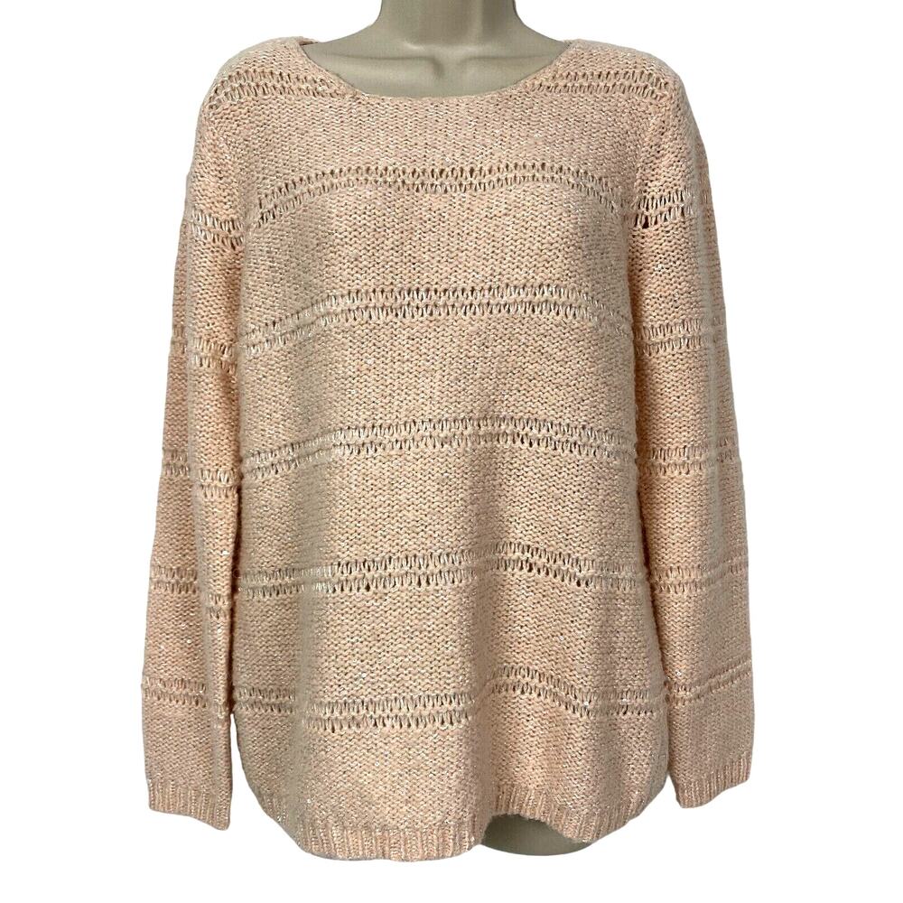 Chicos Tunic Sweater Size 1 Alpaca Blend Light Pink Sequin Striped Medium